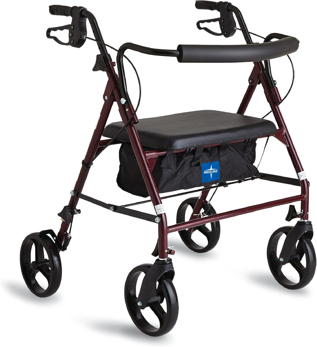 Large Steel Bariatric Rollator Walker with Adjustable Handles, Padded Seat & Backrest, Burgundy, 500 lb. Weight