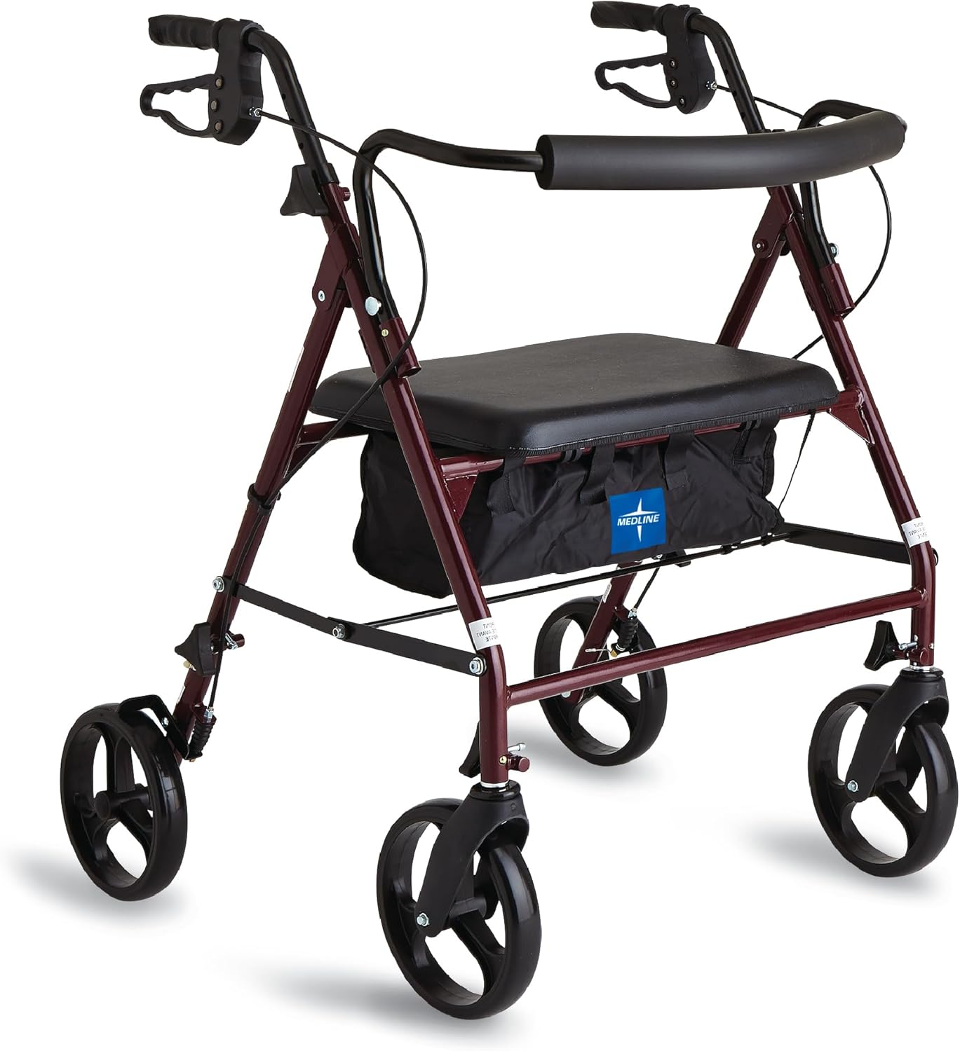 Large Steel Bariatric Rollator Walker with Adjustable Handles, Padded Seat & Backrest, Burgundy, 500 lb. Weight