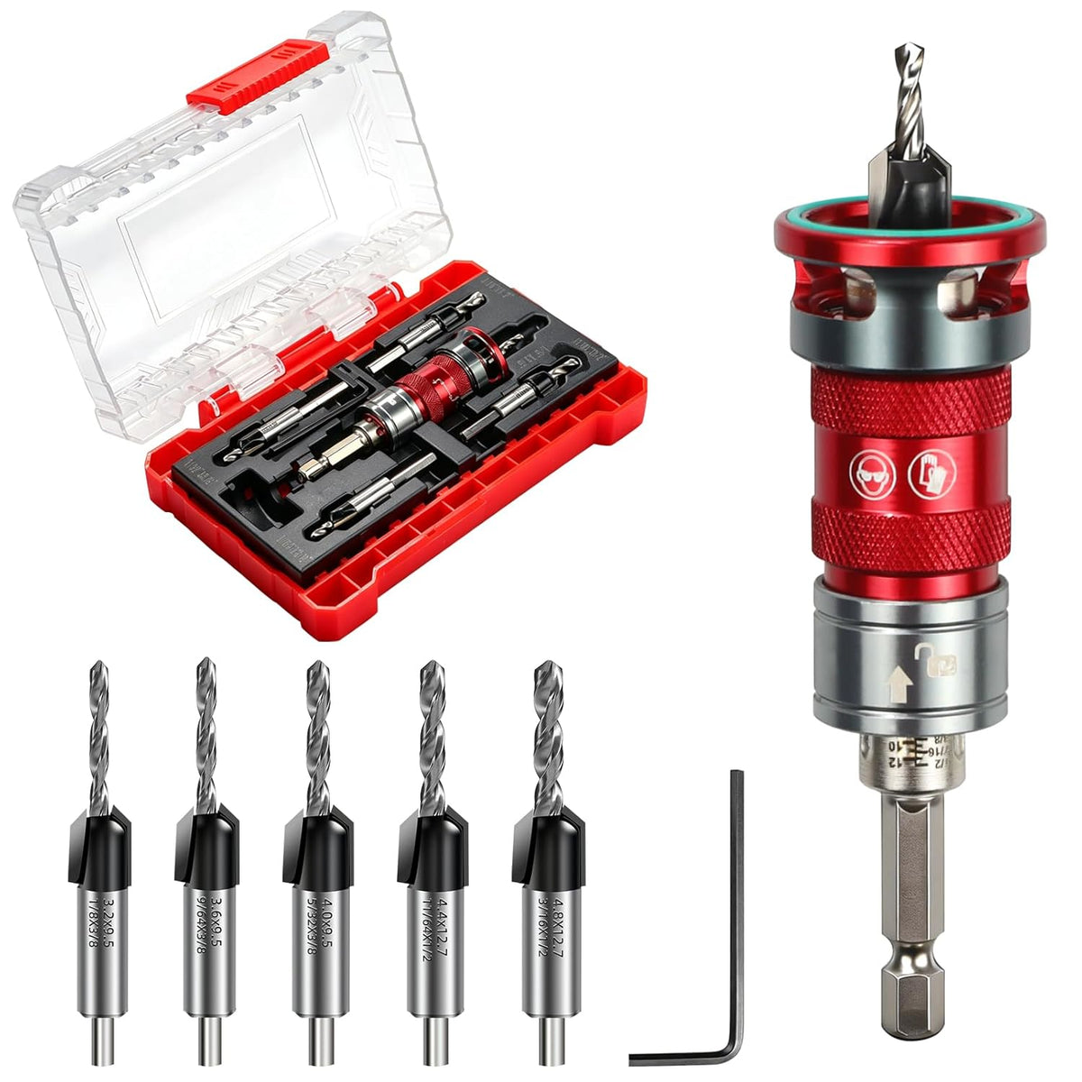 Quick-Adjust Countersink Drill Bit Set, 5 PCS TCT Cutters & HSS Bits