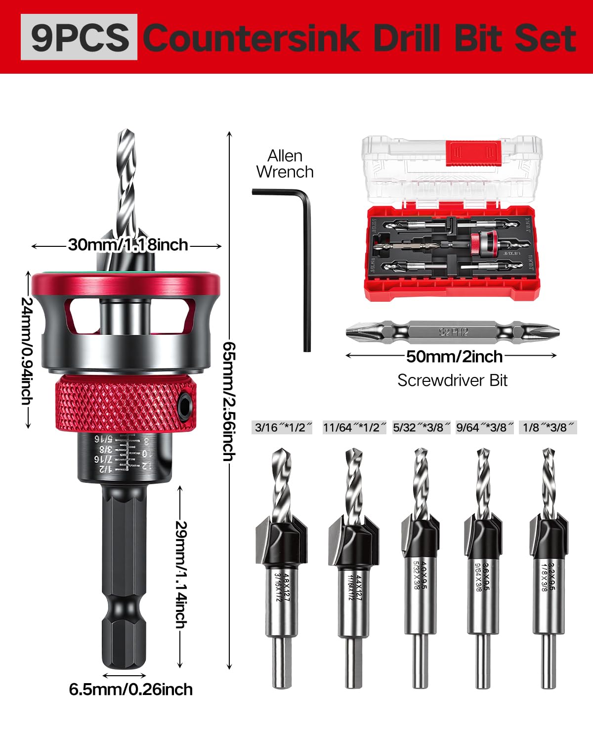 9PCS Countersink Drill Bit Set Adjustable Depth Stop Collar for Woodworking