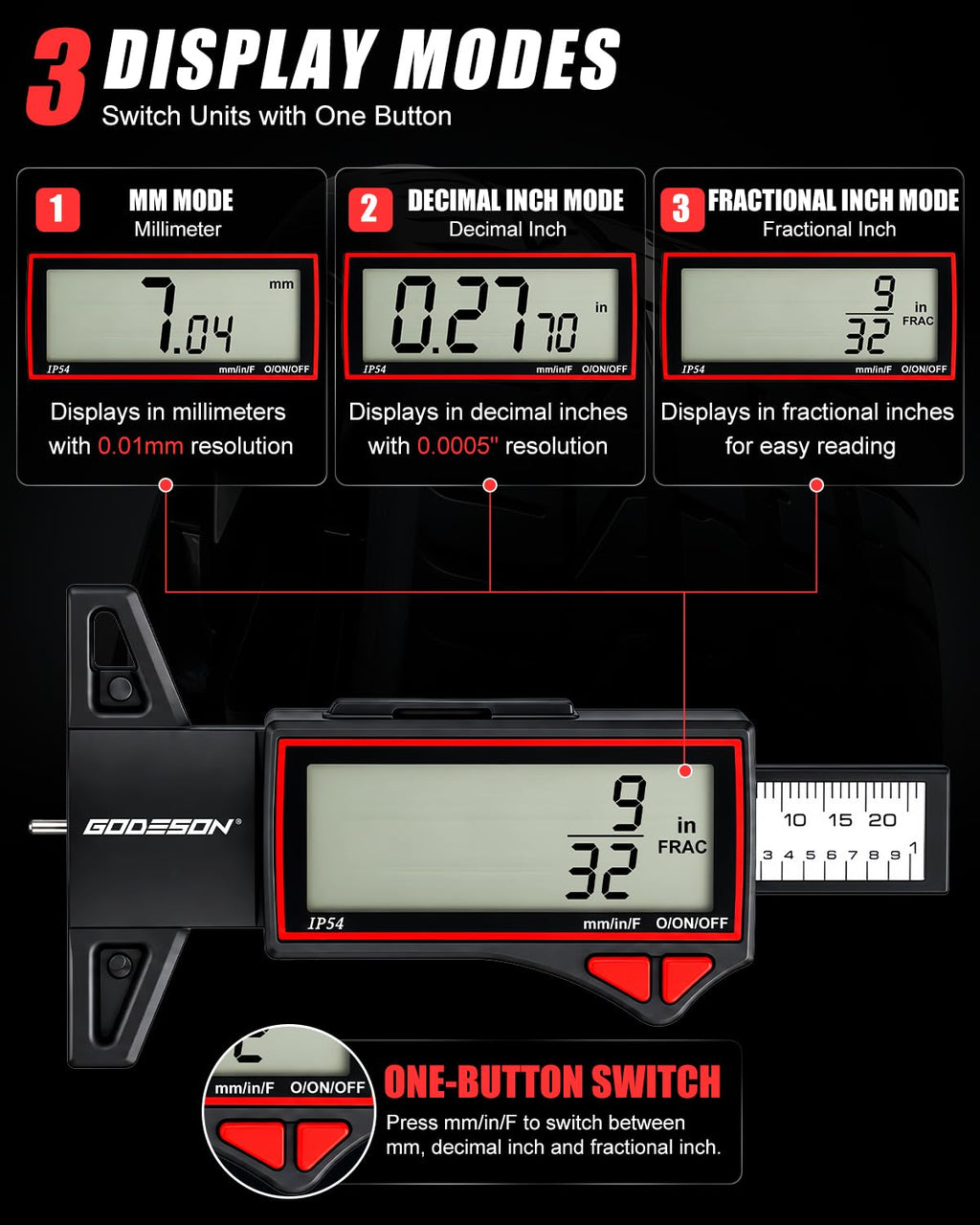 GODESON Digital Tire Tread Depth Gauge, 2.5" Large LCD Display, 0–1" Range