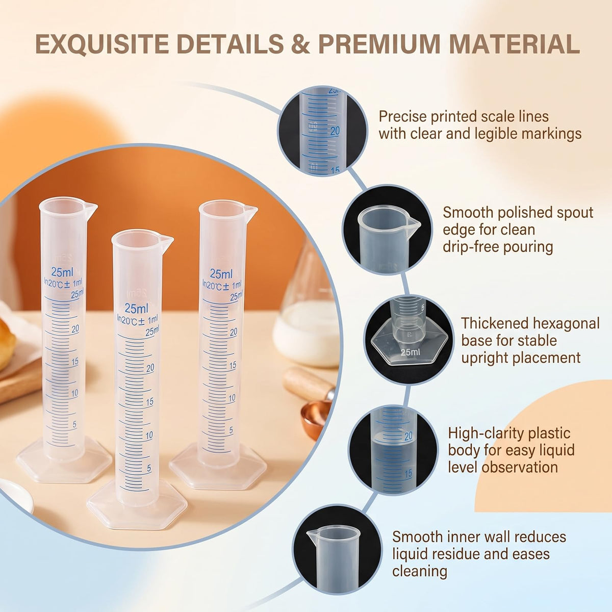 3 Pcs Plastic Graduated Cylinders, 2-Sided Measuring Lines，25ml