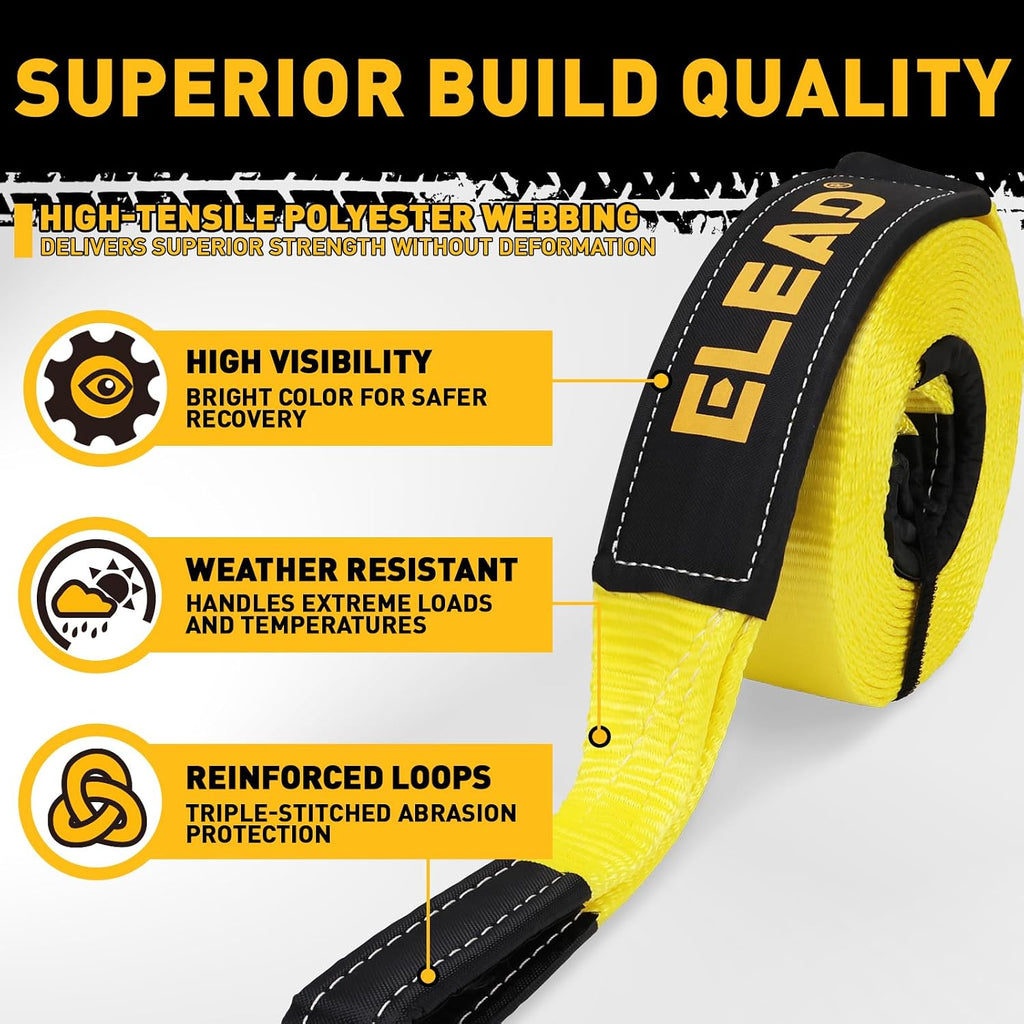 3" x 30Ft Recovery Tow Strap Heavy Duty with Hooks - 36000 LBS Break Strength, 2" Shackle Hitch Receiver + 3/4 D Ring