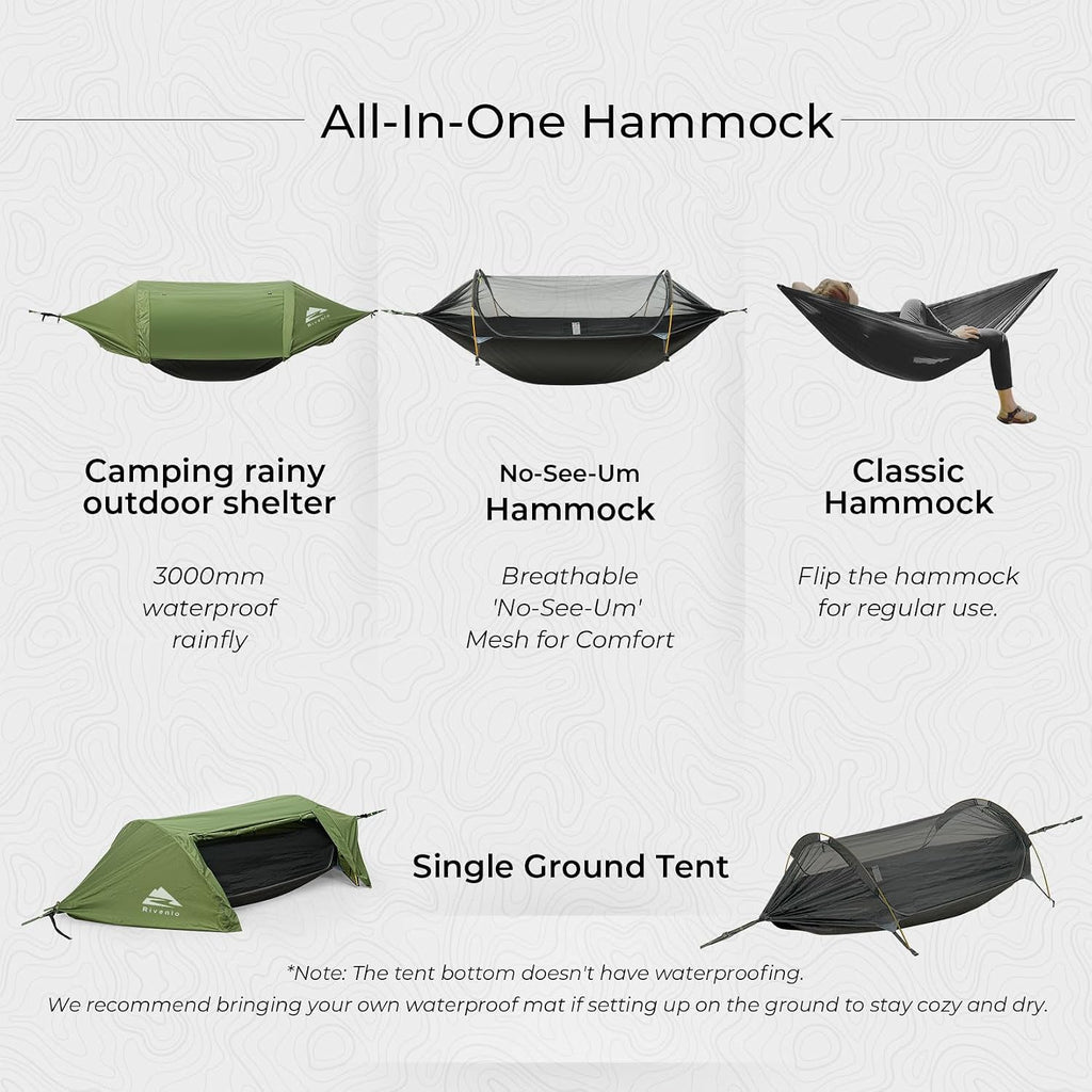 Camping Hammock Tent with Mosquito Net & RainFly, 3 in 1 Waterproof Lightweight Portable Sleeping Hammock Bug, Travel