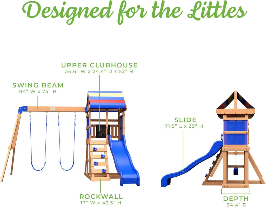 Bay Pointe Cedar Wood Swing Set with Wave Slide, Play Deck, Rock Wall Ladder, Belt Swings, Chalkboard, Canopy Roof