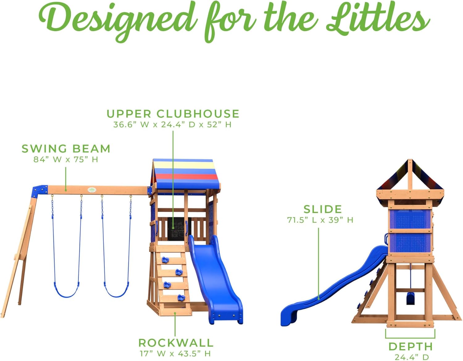 Bay Pointe Cedar Wood Swing Set with Wave Slide, Play Deck, Rock Wall Ladder, Belt Swings, Chalkboard, Canopy Roof