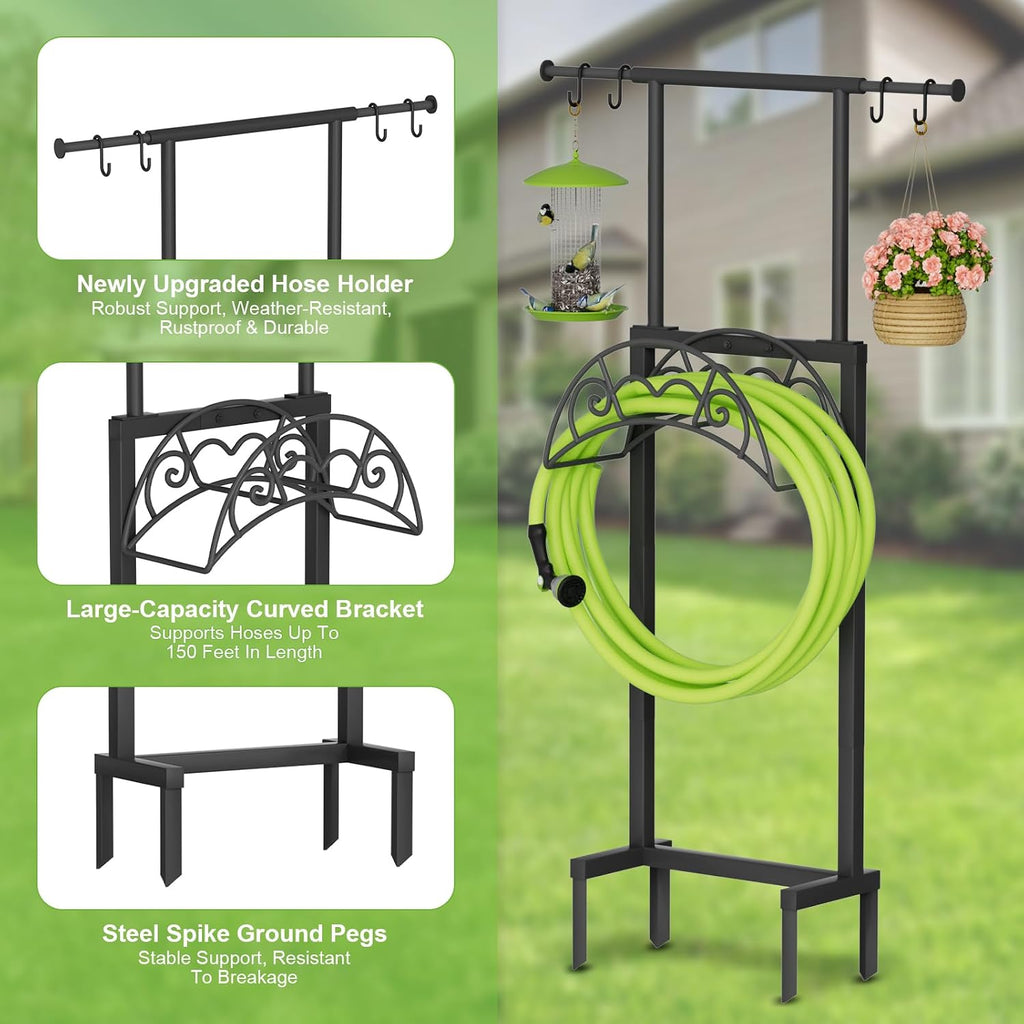 Garden Hose Holder with Telescopic Pole, Upgraded Heavy Duty Hose Stand Holds 150ft with 4 Spikes, Freestanding Metal