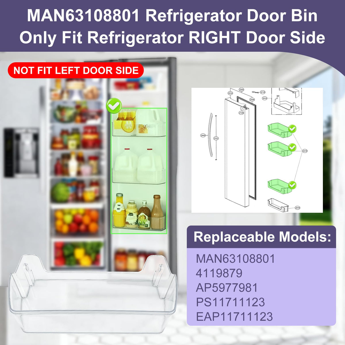 Upgraded MAN63108801 Refrigerator Door Shelf Bin (Right)