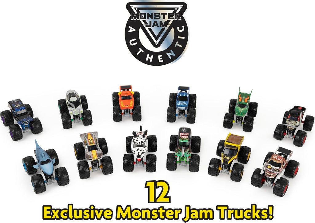 Official Die-Cast Monster Trucks, 1:64 Scale 12-Pack | 12 Exclusive Toy Trucks, Authentic Details & Graphics, Grave