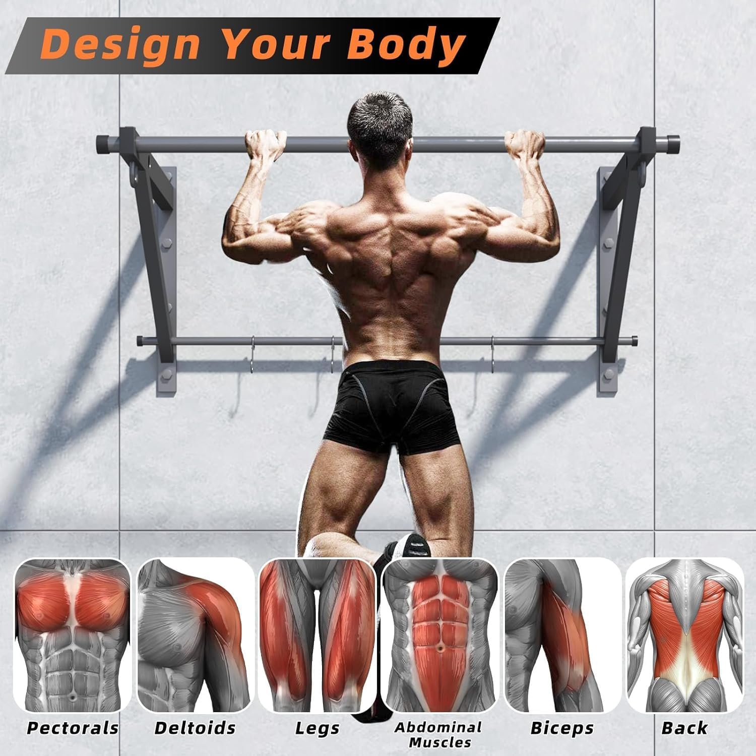 Wall Mounted Pull Up Bar with 500LBS Capacity for Gym Home | Adjustable Depth, 4 Hooks, Heavy Duty, Strength