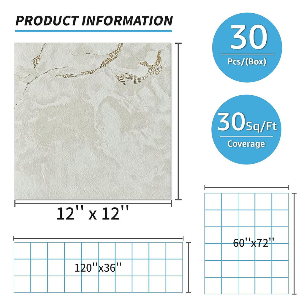 30-Pack Peel and Stick Floor Tiles, 12" x 12", White Grey Vein Marble