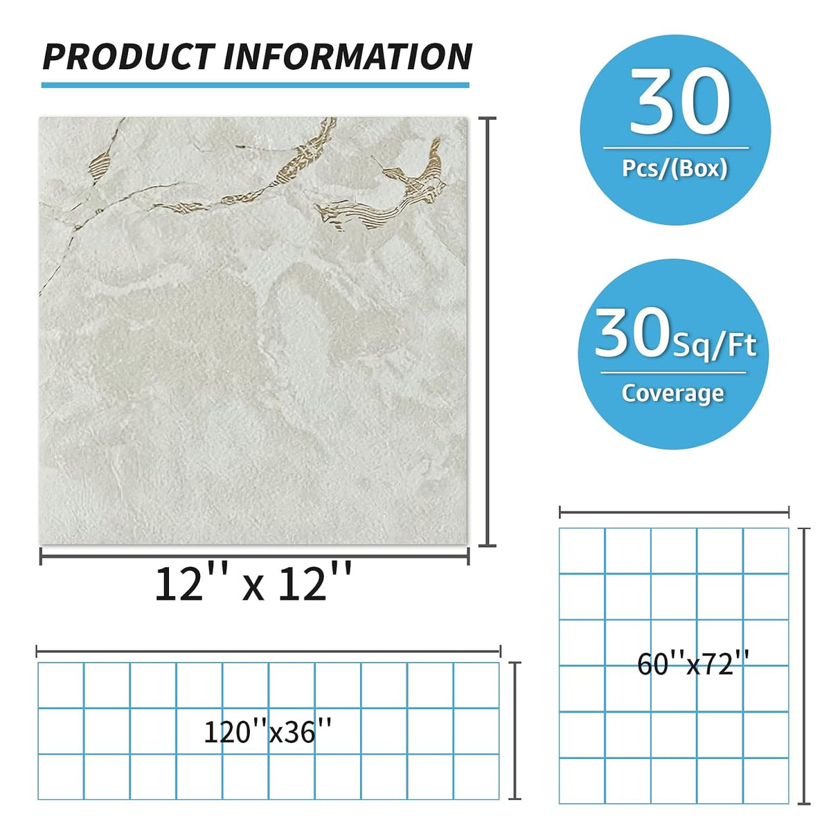 30-Pack Peel and Stick Floor Tiles, 12" x 12", White Grey Vein Marble