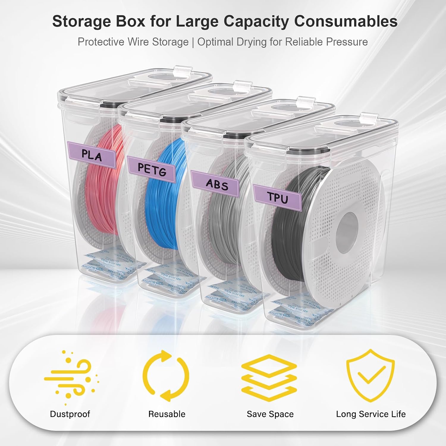 3D Printer Filament Storage Box, 4-Pack Dry Box with Reusable Silica Gel Desiccant for 1KG PLA ABS PETG Filament