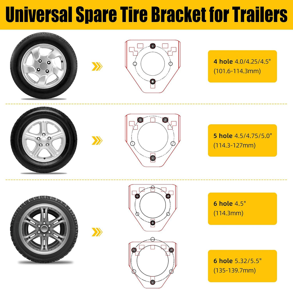 Spare Tire Mount for Utility Trailer Accessories,3-Nut Design Spare Tire Carrier,Fits Most 4,5 & 6 Lugs Wheels, Hold