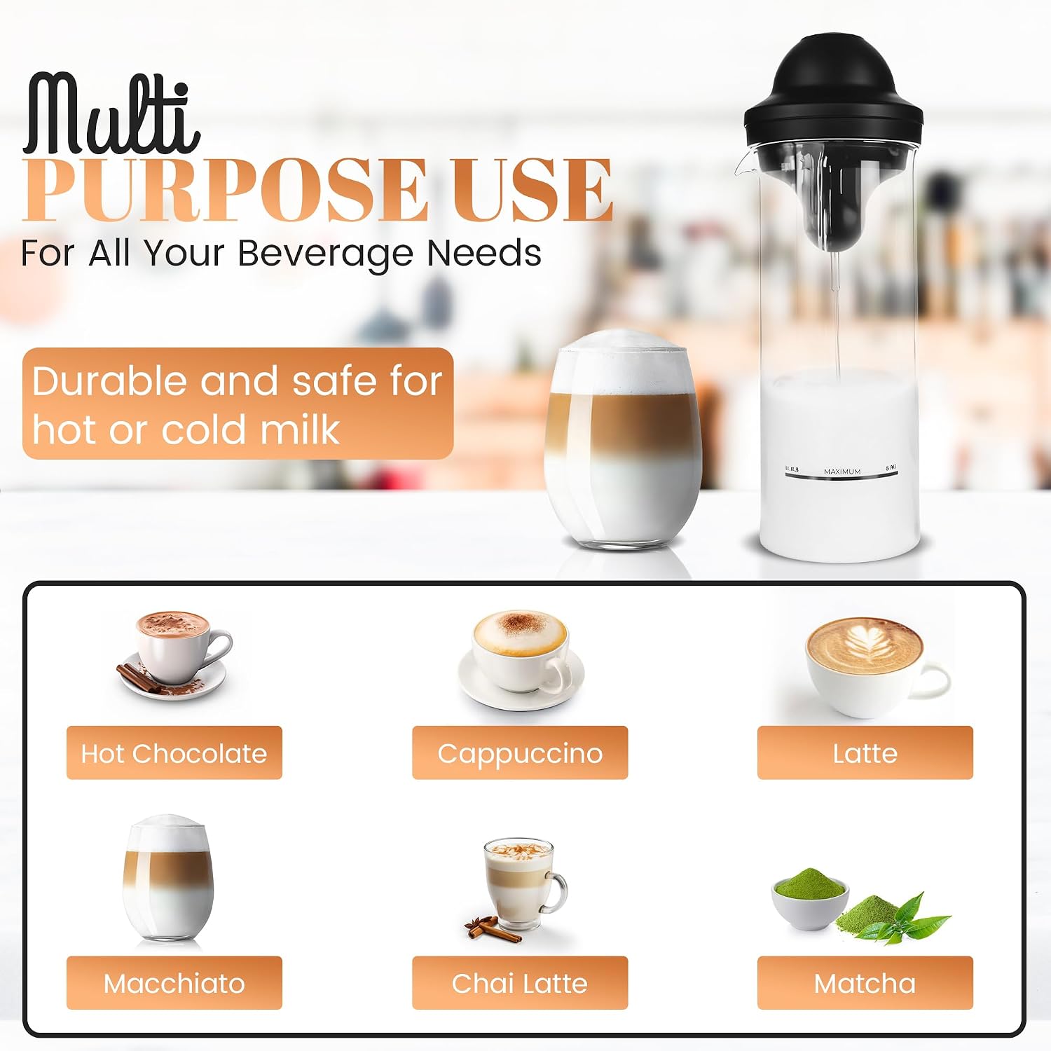 Milk Frother with Glass Pitcher, Frother Handheld Battery Operated, Foam Maker for Coffee, Latte, Cappucino, Hot