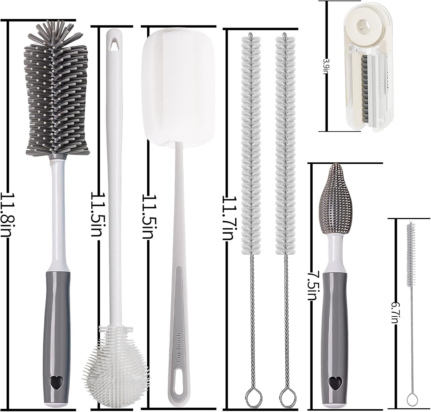 Bottle Cleaner Brush Set - 8 Pack Bottle Brushes for Cleaning | Gray for Owala, Tumbler, Sports Water Bottle, Wine Glass