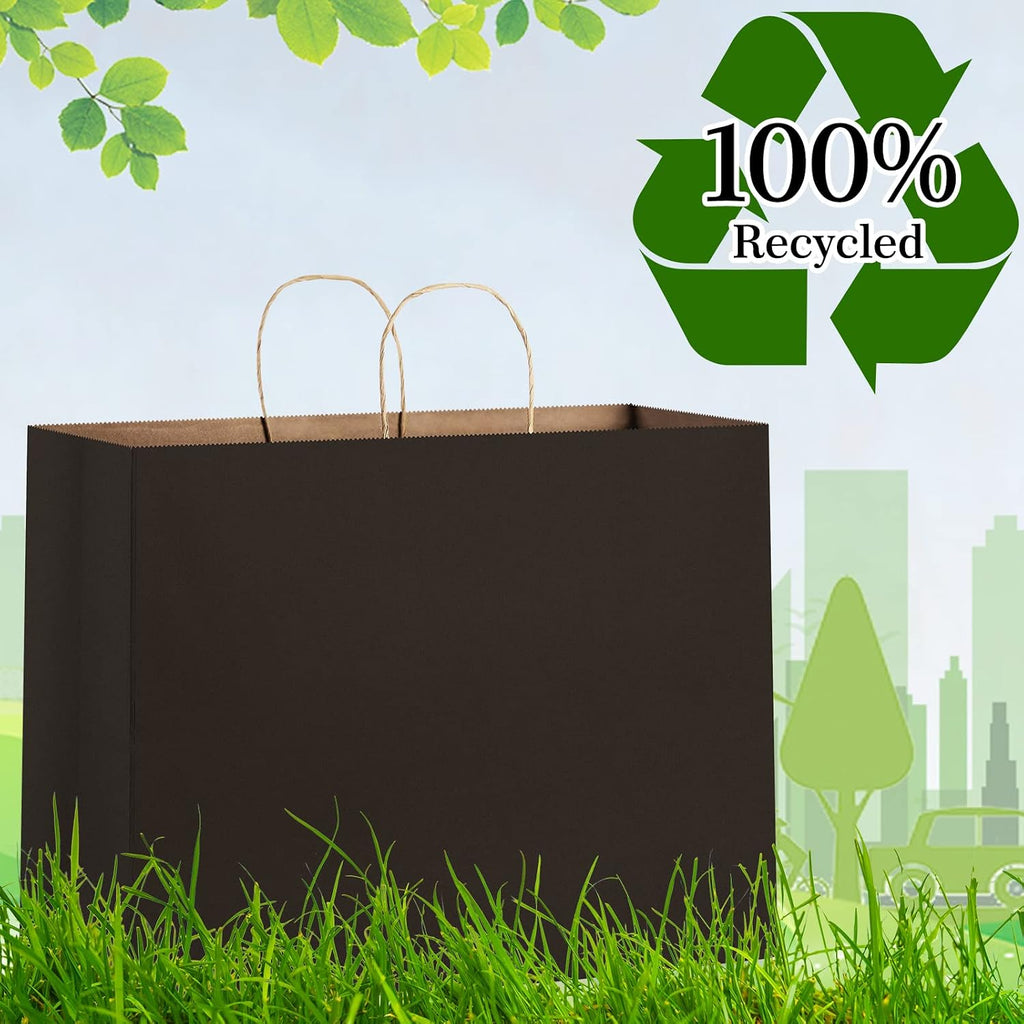 16x6x12 Black Paper Bags 50 Pack, Kraft Gift Bags with Handles