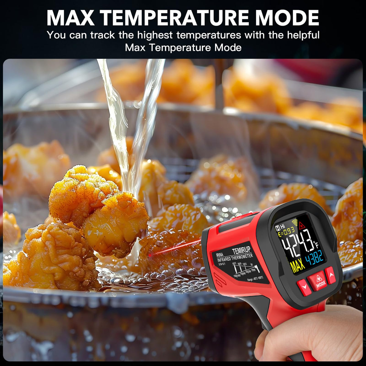 Infrared Thermometer Laser Temperature Gun, Adjustable Emissivity, 1202℉