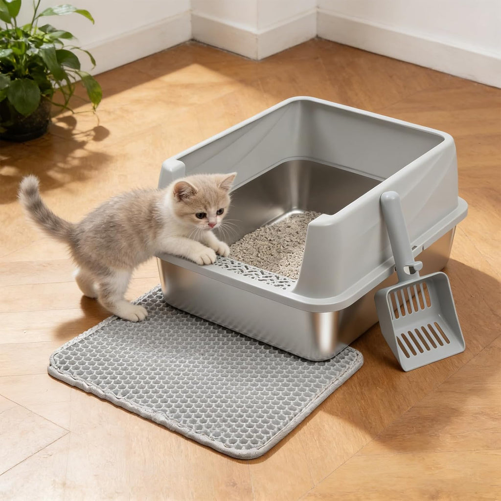 Stainless Steel Litter Box with Lid,Metal Kitty Litter Box,Low Entry Litter Boxes with Scoop and Mat,Kitten Litterbox