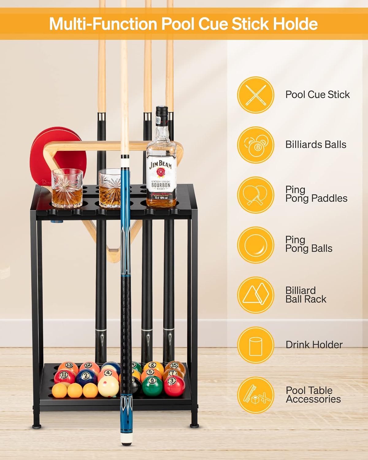 Pool Cue Rack Floor Stand, Metal & Wood, 12 Cues & Ping Pong, Black | Billiard stick holder and pool table