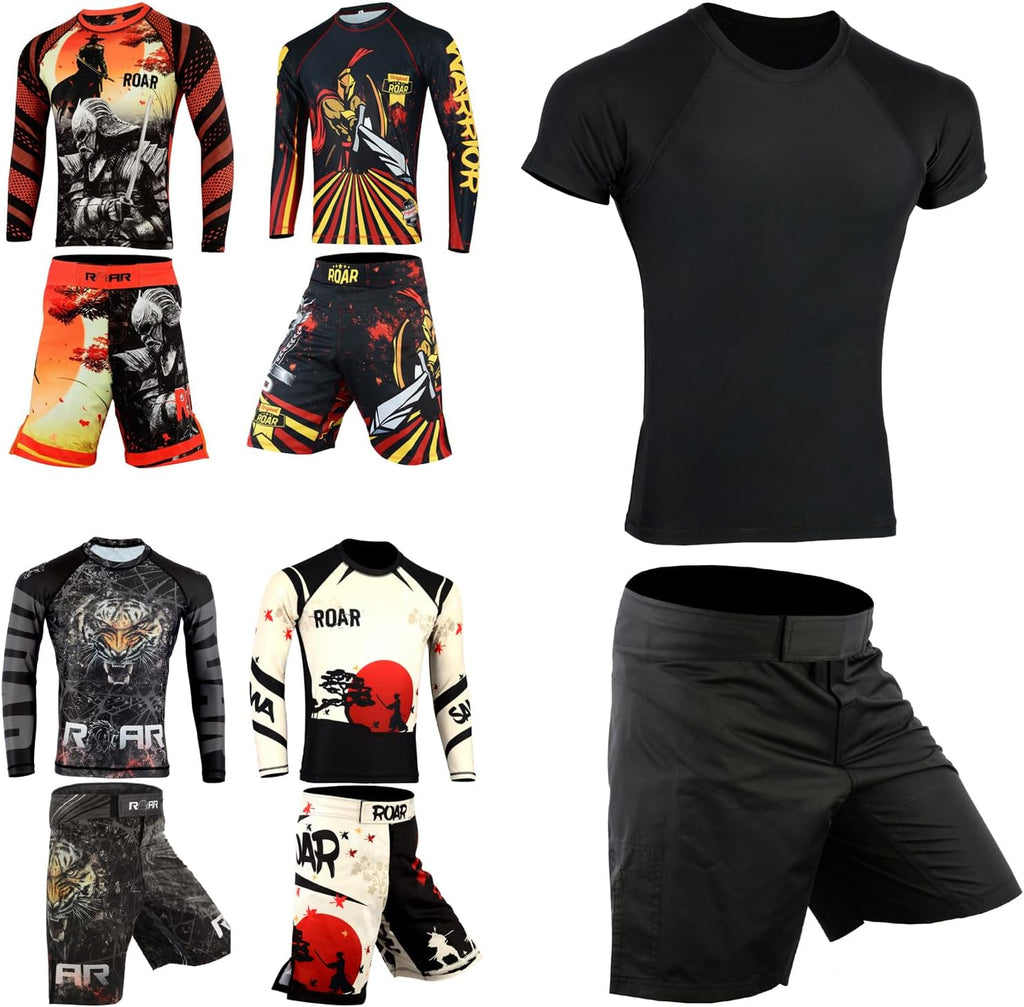 2Pcs No Gi BJJ Men Rash Guard Set, MMA Shorts Grappling Jiu Jitsu Gym Training Athletic Muay Thai Compression Set
