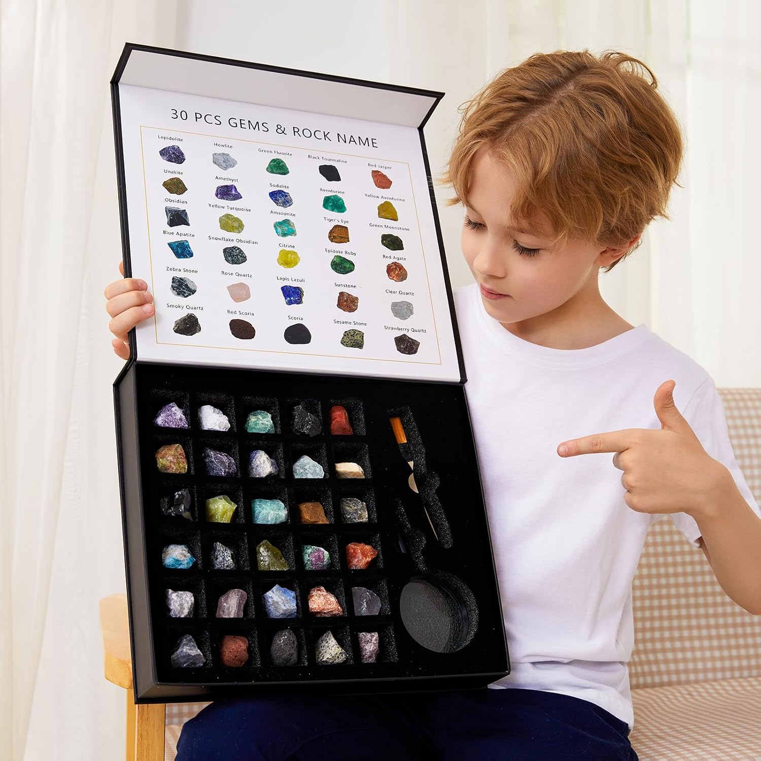 Rock Collection for Kids - 30Pcs Rocks, Gemstones & Crystals Kit | with learning Guide, Mineral Education Set