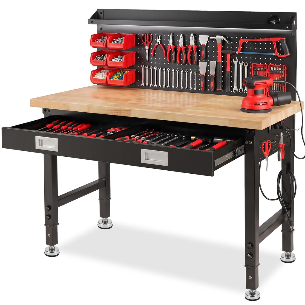 48" Workbench with Drawers, Work Benches for Garage with Strip Light, Adjustable Work Table with Large Pegboard, 2000