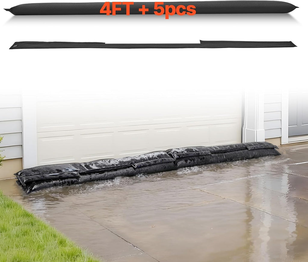 Flood Barrier, 4 Pack, 5 x 0.7 ft Flood Bags Activated by Water, Water Absorbent Barrier, Sandless Sandbags Blockage