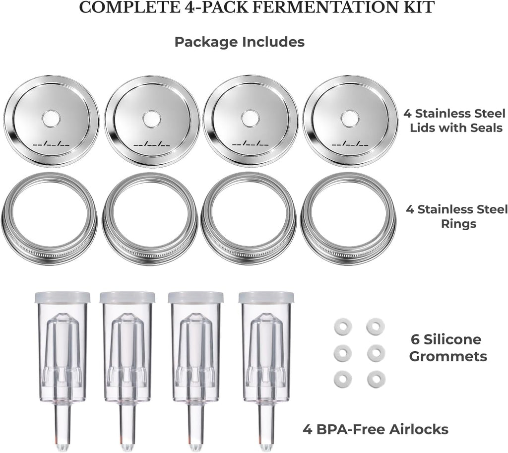 Stainless Steel Fermentation Lids for Wide Mouth Mason Jars, 4 Pack | Fermenting Lids with Airlocks and Silicone