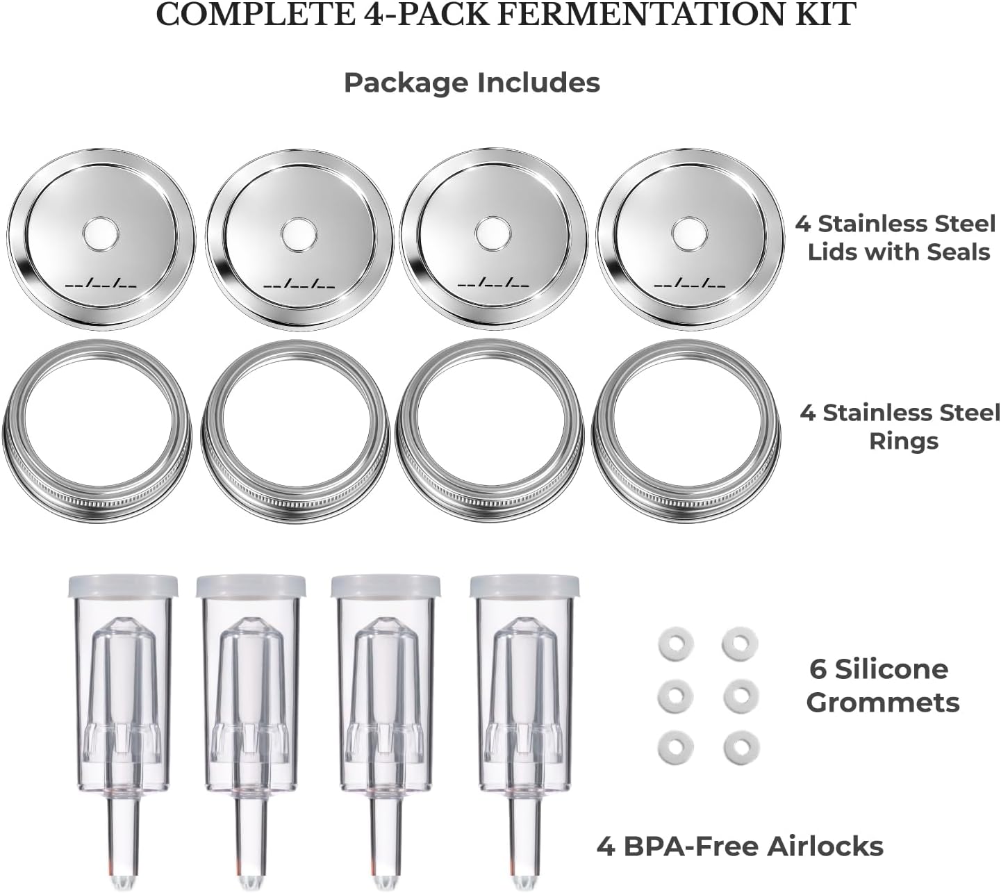 Stainless Steel Fermentation Lids for Wide Mouth Mason Jars, 4 Pack | Fermenting Lids with Airlocks and Silicone