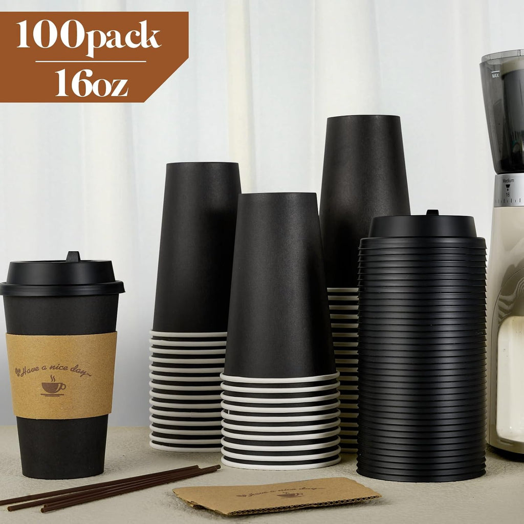 100 Pack 16 oz Coffee Cups with Lids, Disposable Coffee Cups