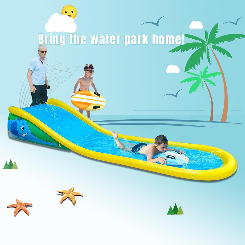 Inflatable Water Slide with Sprinkler for Kids,15FT waterslide with 2 Inflatable Surf Riders and Built-in Sprayer for