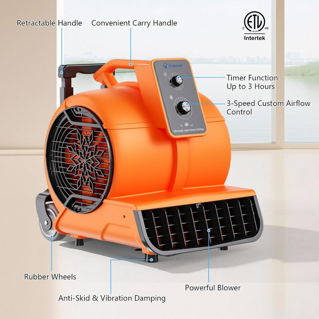 Air Mover 1 HP 4000 CFM Portable Blower Fan Carpet Dryer, Floor Dryer Fan | 3-Speed, 3 Adjustable Angles, Timer