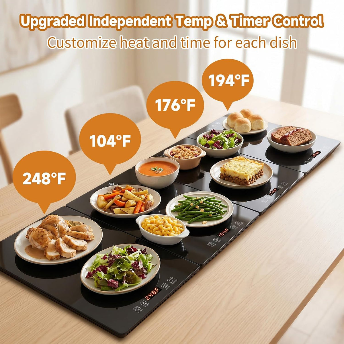 Electric Warming Tray 47"x 15" Extra-Long Warming Mat for Food with Independent Temp&Timer Control 4-in-1 Modular