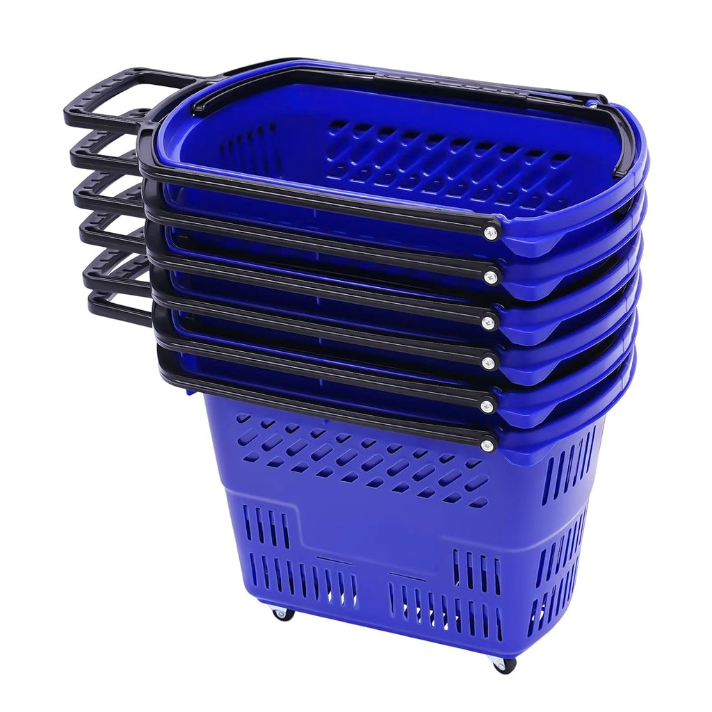 35L 6PCS Shopping Carts with Handles & Wheels, Portable Plastic Rolling Shopping Basket Set for Supermarkets and