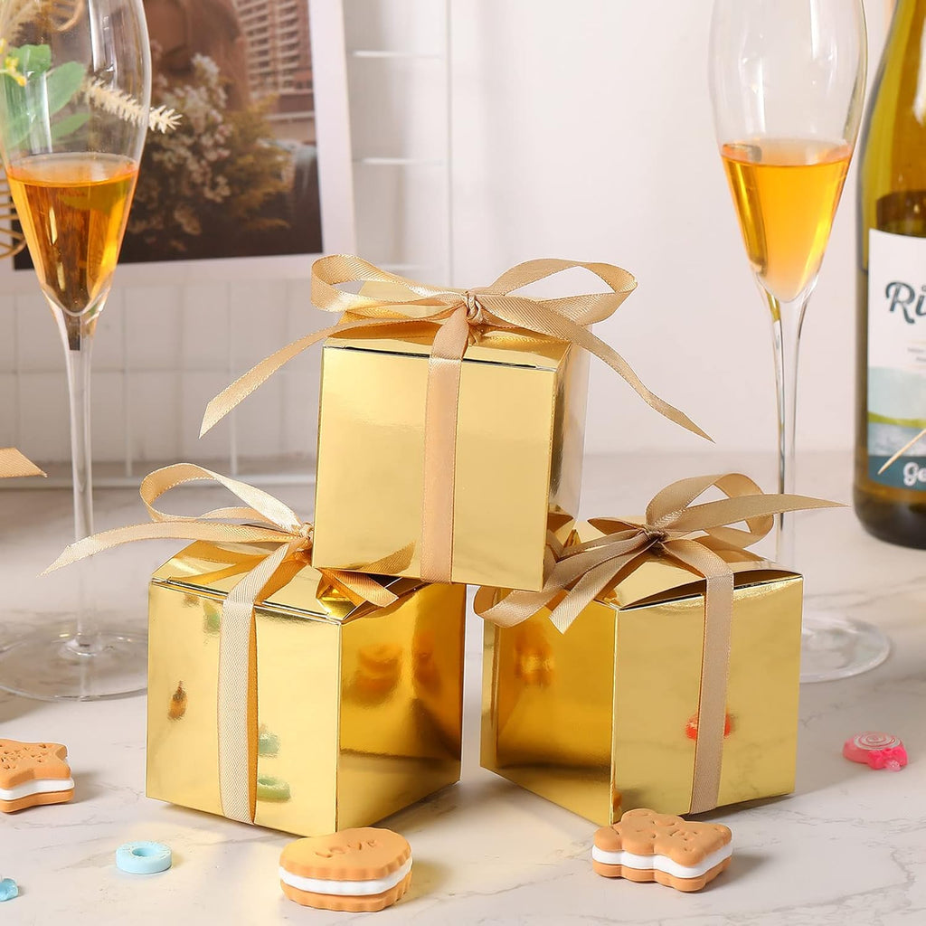 200 Pcs Small Gift Boxes 3x3x3 Inches Gold with Ribbons Kraft