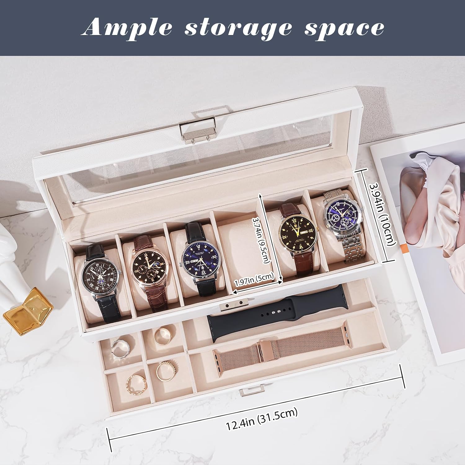 Watch Box, 6 Slot Watch Display Case with Drawer -White | Mens Watches Case with Glass Lid, 2-Layer Mens Jewelry