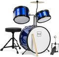 3-Piece Beginner Drum Set for Kids Juniors, w/Throne Stool, Cymbal, Drum Sticks, Bass Drum Pedal, 2 Toms - Blue