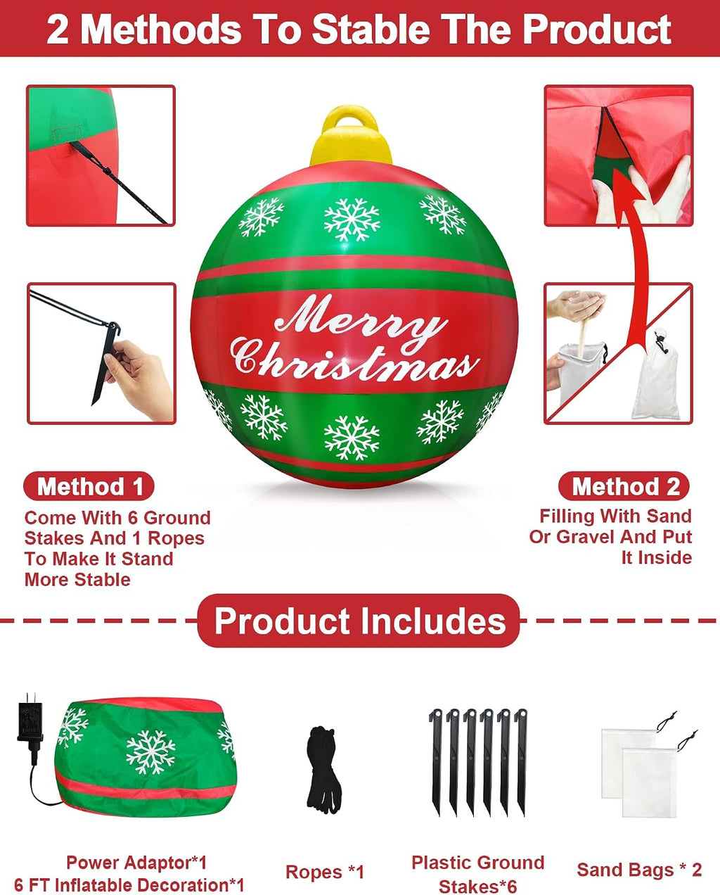 6 Ft Giant Christmas Inflatable Ball Christmas Decorations Outdoor with LED Lights Snowflake Merry Christmas Blow Up