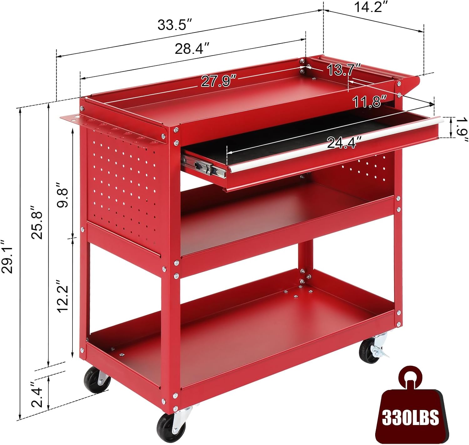 3 Tier Steel Utility Tool Cart with Drawer & Pegboard, Red | 330 lbs Capacity Rolling Service Cart with Lockable