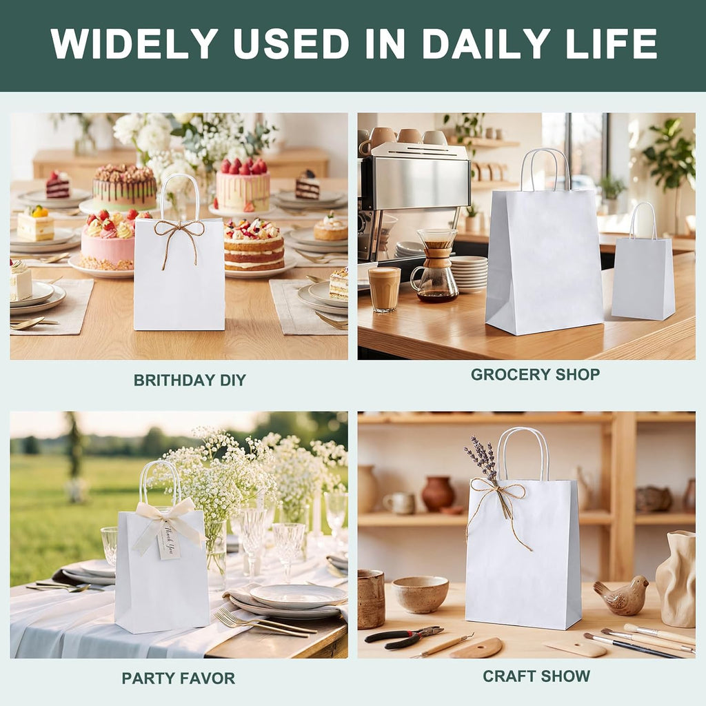 White Gift Bags 5.25x3.75x8 Inch Paper Bags Handle Bulk 200Pcs