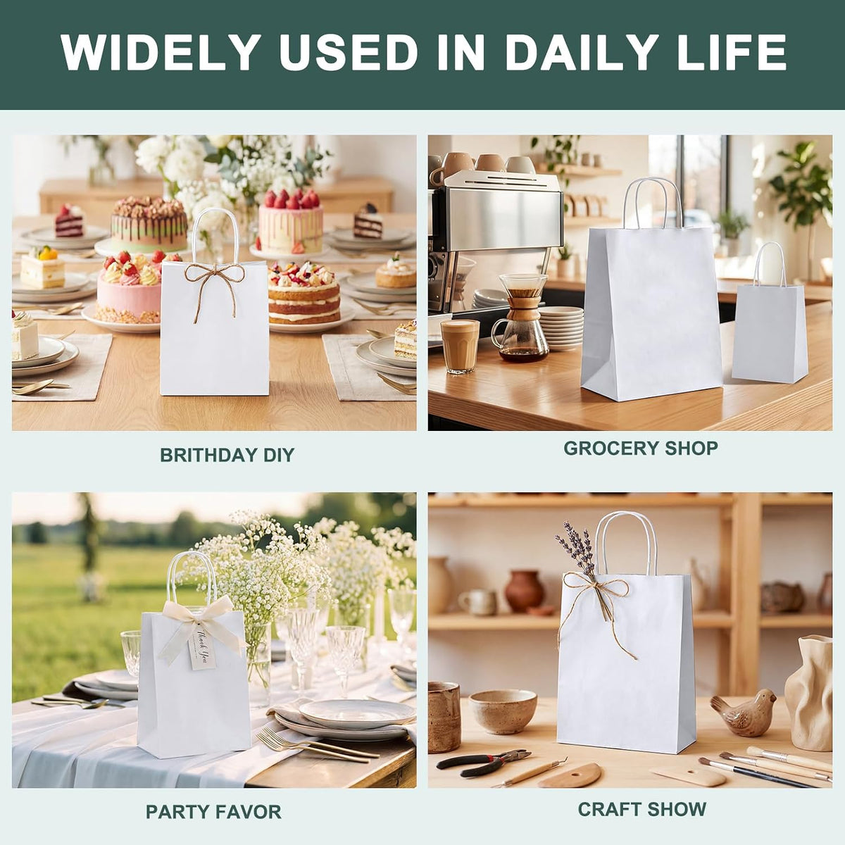 White Gift Bags 5.25x3.75x8 Inch Paper Bags Handle Bulk 200Pcs