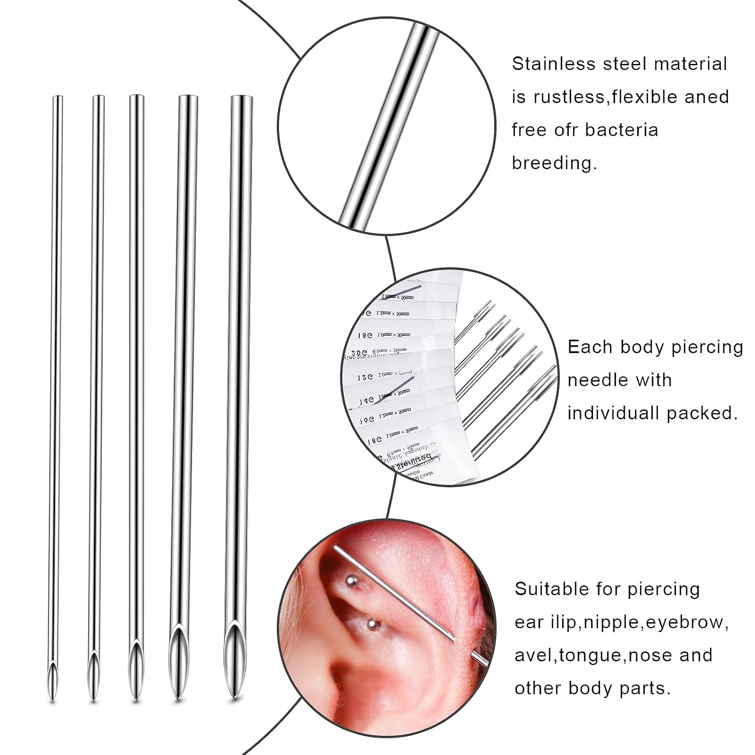 Piercing Kit 100 Pcs Piercing Needle with Stainless Forceps Clamp