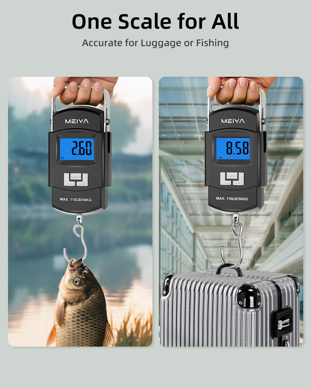 Fish Scale 110lb/50kg Digital Fishing Scale with Backlit LCD, Portable Handle, Stainless Steel Hook & 2 AAA Batteries