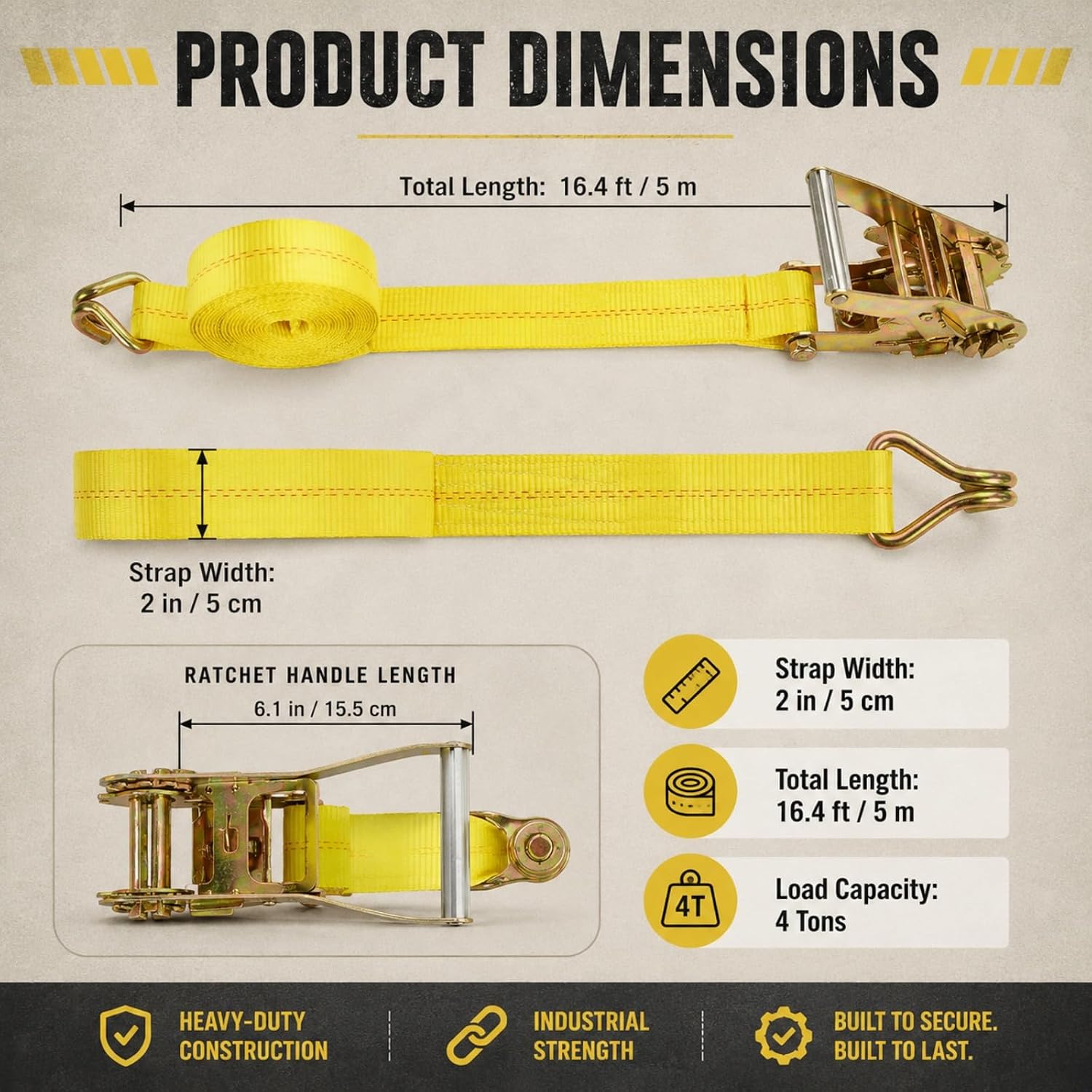 Ratchet Straps Heavy Duty Pack of 4, 2 Inch Ratchet Straps with Double J Hook, 16.4 Ft Tie Down Straps for Securing
