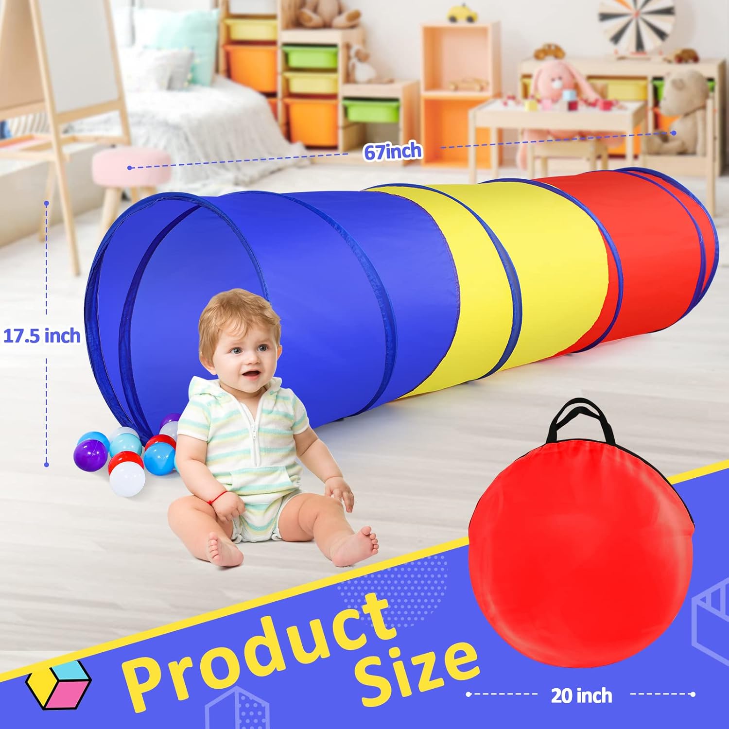 Pop Up Play Tunnel Tent for Toddlers Babies or Dogs, Indoor & Outdoor Toys for Kids Backyard Playset. (Red,Yellow,Blue)