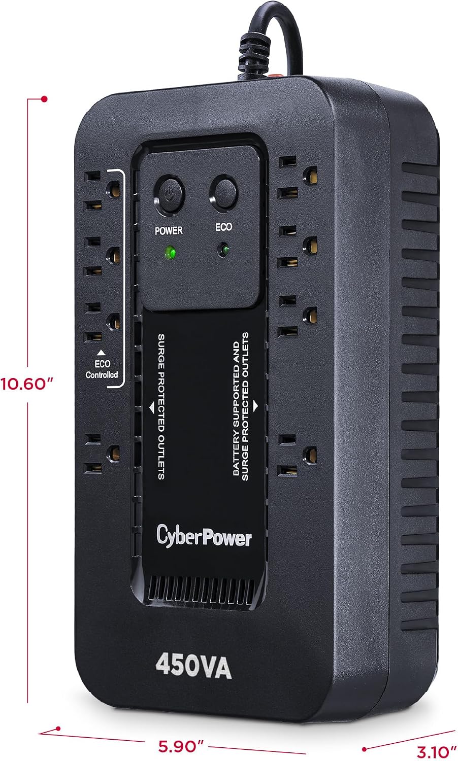 EC450G Ecologic Battery Backup & Surge Protector UPS System, 450VA/260W, 8 Outlets, ECO Mode, Compact Uninterruptible