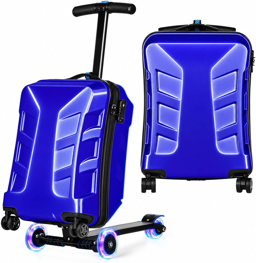 Scooter Suitcase for Kids & Adults，3-D Hardshell Ride On Scooter Luggage with Led Light Up Wheels，TSA