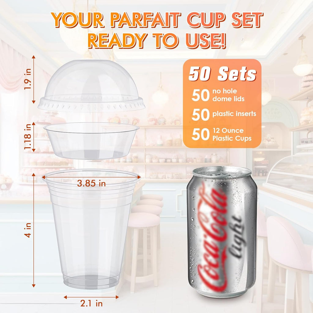 50 Sets 12 oz Disposable Plastic Parfait Cups with Insert & Dome lids