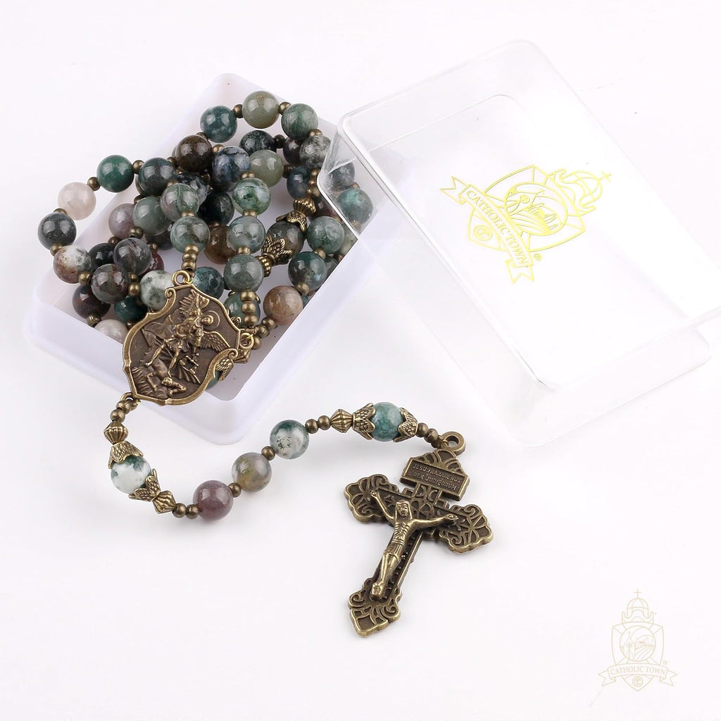 Catholic Town 8mm India Agate Natural Stone Beads, Large Rosary with Caps Saint Michael the Archangel Medal and
